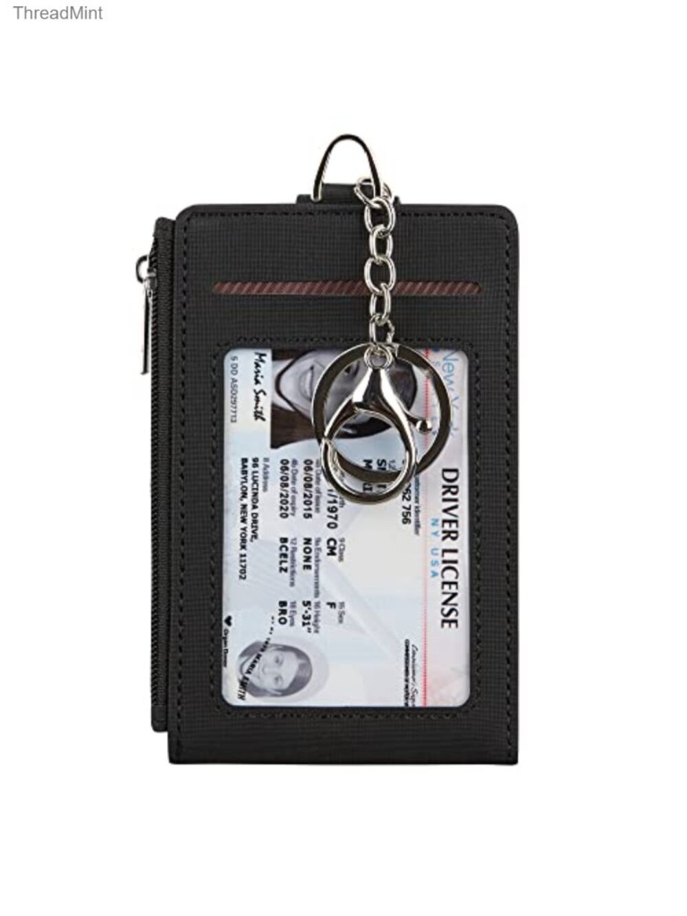 Faux Leather Keychain Card Holder Zipper Wallet with 2 ID Windows Minimalist
